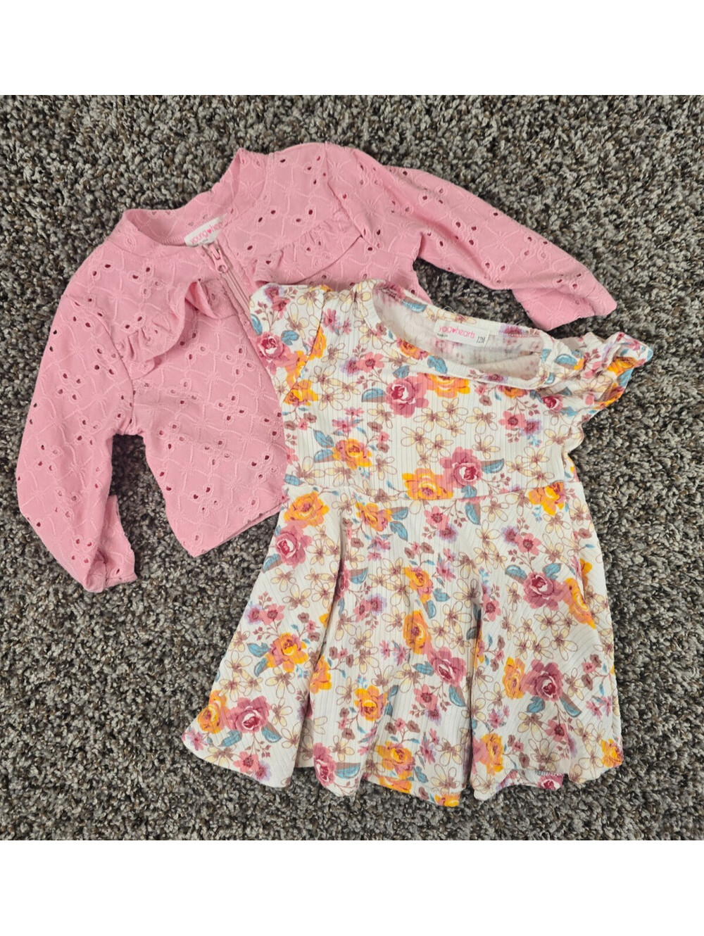 Young Hearts Baby Girls Sz 12M Dress and Cardigan Set Pink Orange Floral